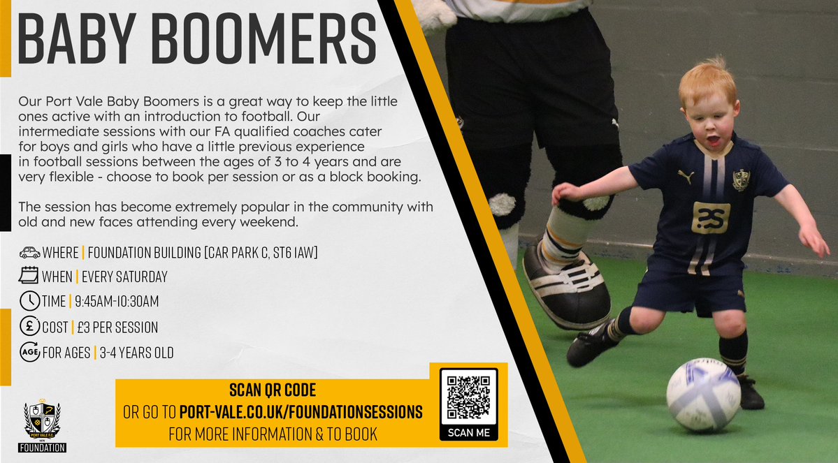 ⚽️ | Baby Boomers Join us on Saturday morning to give your little ones an engaging introduction into football! We have sessions for those aged 2-3 & 3-4. To book your place, follow the link 👉 bit.ly/PVSessions #PVFC | #PVFCFoundation