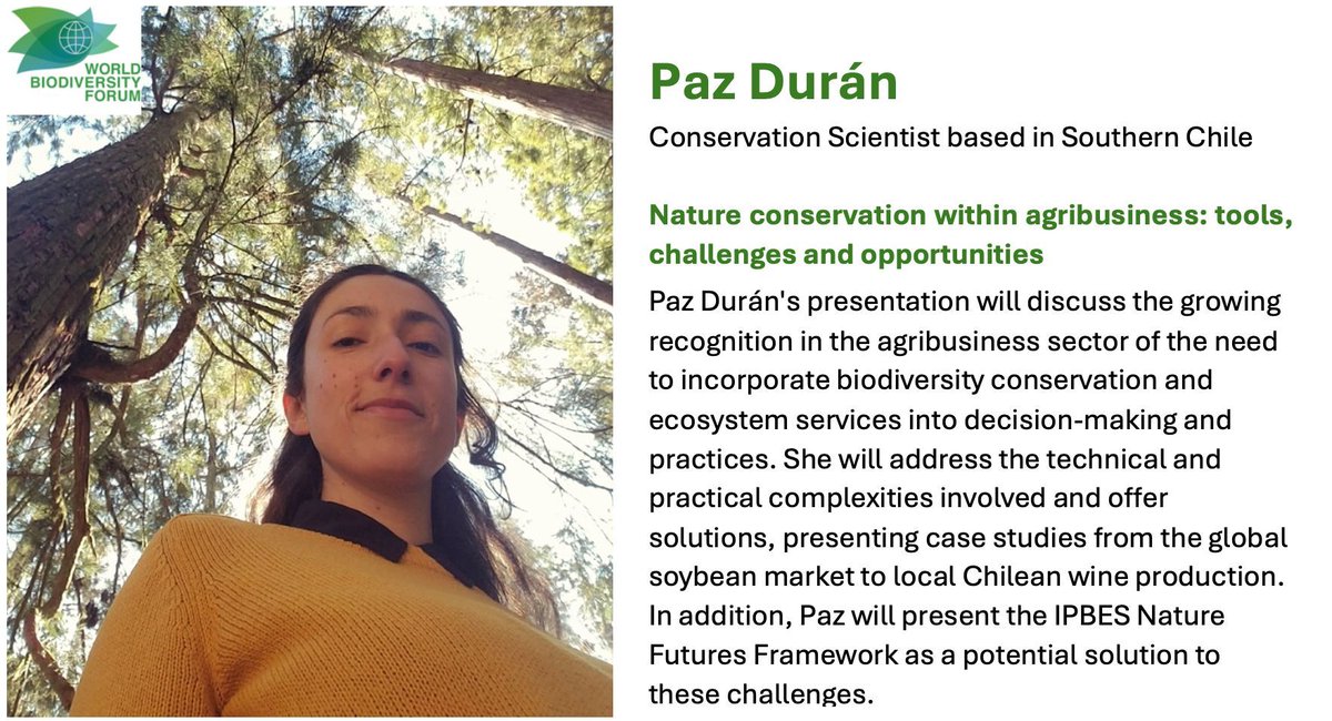 🌍🌿 Join us this June <a href="/WorldBioForum/">World Biodiversity Forum</a> for a captivating plenary talk by <a href="/APazDuran/">Paz Durán, PhD</a> on integrating biodiversity conservation and ecosystem services in agribusiness. Stay tuned for updates and explore more about Paz Durán's insights: buff.ly/3TT4eKM  #NatureConservation 🌱