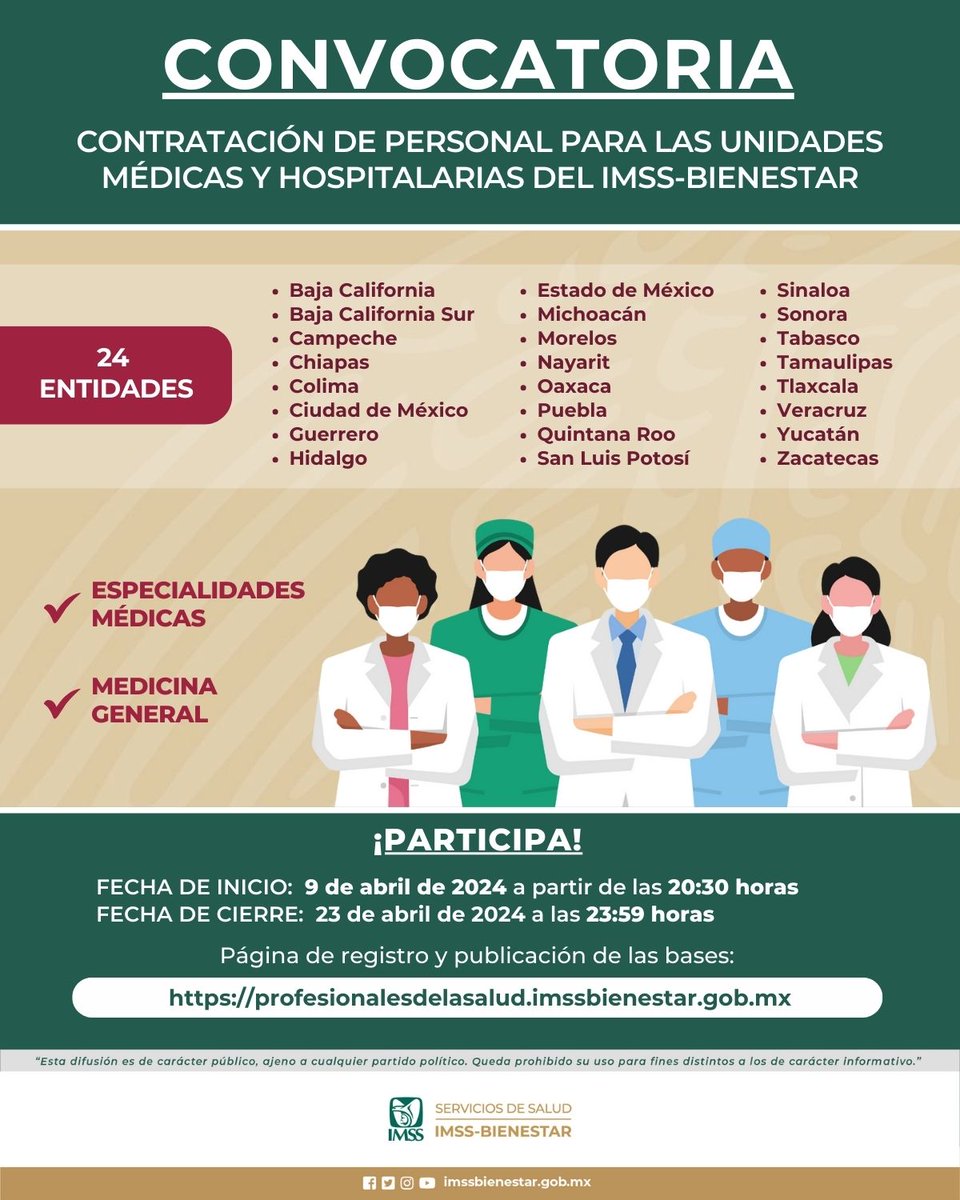 #CONVOCATORIA #IMSSBIENESTAR ¡Ya está disponible el registro para médicos generales y especialistas! Puedes realizarlo aquí …ionalesdelasalud.imssbienestar.gob.mx ¡Únete a la familia #IMSSBIENESTAR! Consulta las bases de la convocatoria.