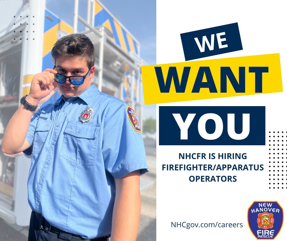 NHCFR is currently hiring for FF/AO apply today at NHCgov.com/careers.

Benefits:
💰55K
🎄 13 Paid Holidays
🚒 24-hour shifts
📆 Work 10 days a month
👶 Paid Parental Leave

#NHCFR #firefighters