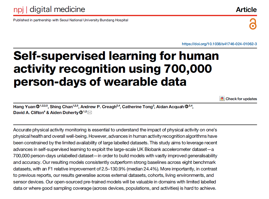 Using accelerometer data from @ukbiobank, this study showcases self-supervised learning models which improves the state-of-the-art in human activity recognition accuracy & generalizability. Includes pre-trained models #opensource for broader application. nature.com/articles/s4174…