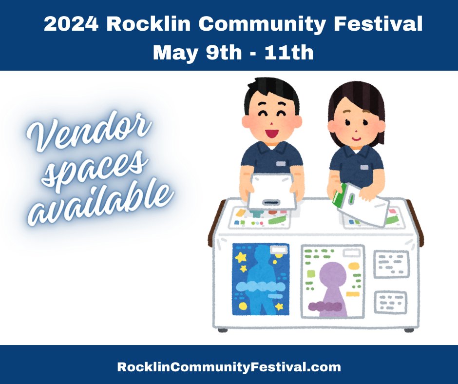 RocklinCommFest's tweet photo. 🌟 TOMORROW - LAST DAY TO REGISTER!! 🌟
The 2024 Rocklin Community Festival still has a few spaces available for business vendors, craft vendors, and non-profits! May 9-12 at Johnson Springview Park.
https://t.co/uIVtT2Txqi https://t.co/szamDzLCwH