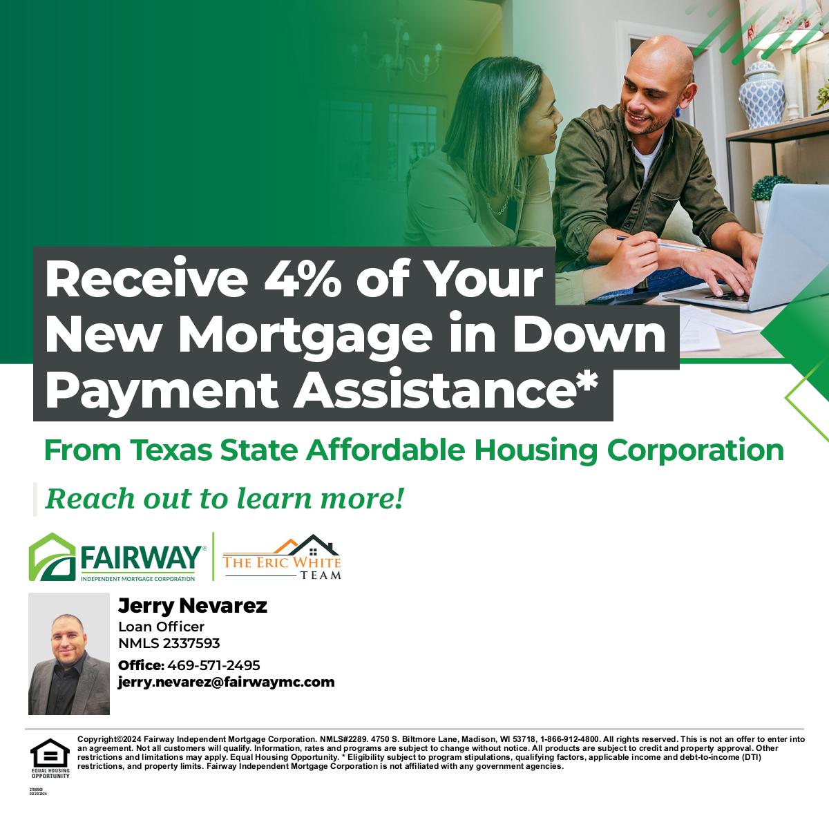 JerryNevarezMLO's tweet photo. Looking to purchase a new home in Texas? You could be eligible to receive 4% of the first mortgage loan amount in down payment assistance* from the Texas State Affordable Housing Corporation. Reach out to learn more! #jerry_themortgageguy #dfwrealestate #FTHB #dfwrealtor https://t.co/RWBXuEernD