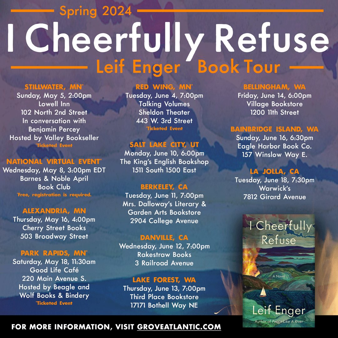 Don’t miss Leif Enger on tour for I CHEERFULLY REFUSE this May and June! Take a closer look at the event details here: groveatlantic.com/events/