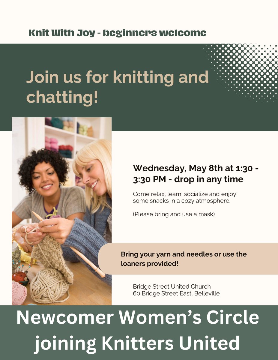 Join us for a cozy afternoon of knitting and chatting at our Newcomer Women's Circle! Happening from 1:30PM to 3:30PM, it's a perfect opportunity to connect, create, and unwind together. All are welcome!🙂