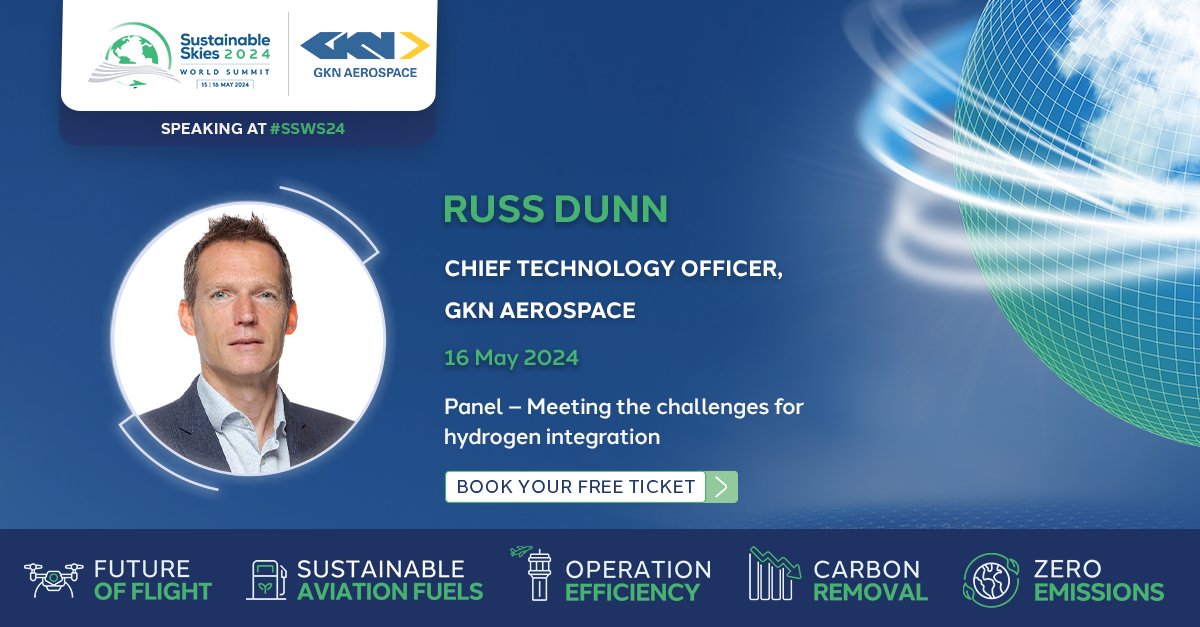 It's time to look at #Hydrogen!✈ Join the discussion with Russ Dunn, Chief Technology Officer at @GKNAero, as he will speak in the panel session - 'Meeting the challenges for hydrogen integration'. 📲Book your FREE pass for #SSWS24 today: tinyurl.com/3mvkkavp #Aerospace