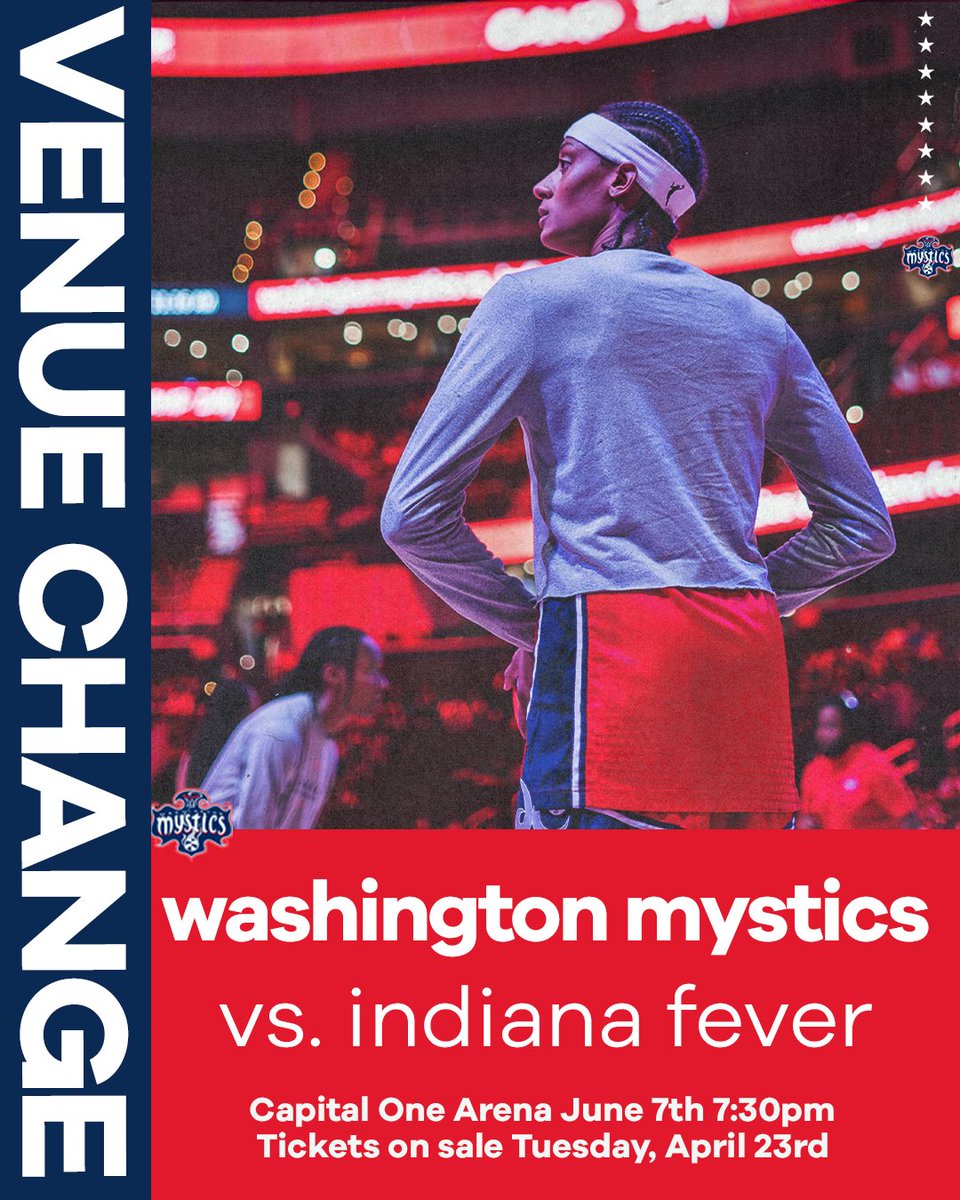 We heard you loud and clear! 👂 🚨 June 7th game against the Indiana Fever is being relocated from Entertainment & Sports Arena to @CapitalOneArena. We can't wait to see all of the DMV in the building! Tickets on sale April 23rd Read more: on.nba.com/49I2nhT