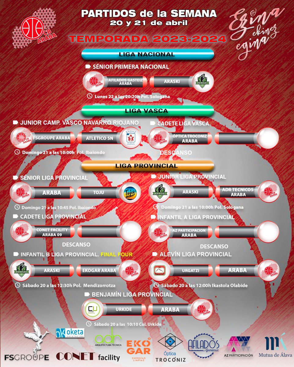 Estos son los partidos de este fin de semana🏀 Recordar que nuestras infantiles #EkogarAraba jugarán su Final Four el sábado a las 12:30 en Mendizorroza!!💪🏻 Mucha suerte a todos los equipos🥰 #EzinaEkinezEgina