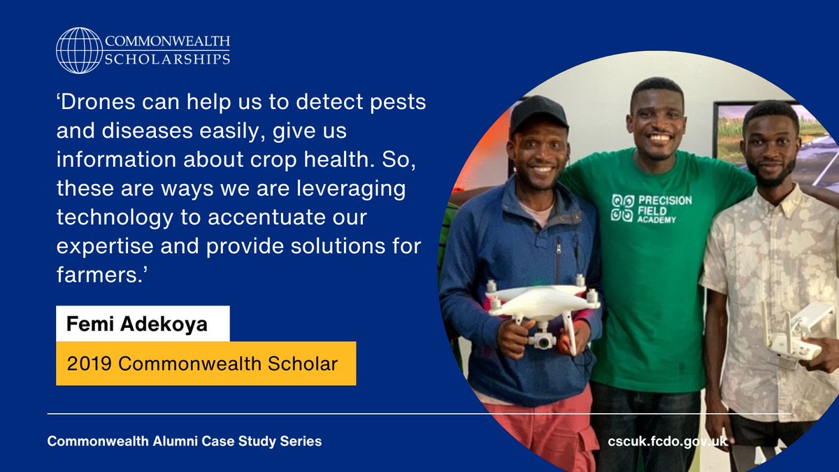 📣 Read our latest Alumni case study! After studying at @HarperAdamsUni, #Commonwealth Alumnus @Femi__Adekoya used his knowledge of drone technology to increase agricultural efficiencies and inspire a new generation of young farmers. Find out more: bit.ly/3U6Nzne