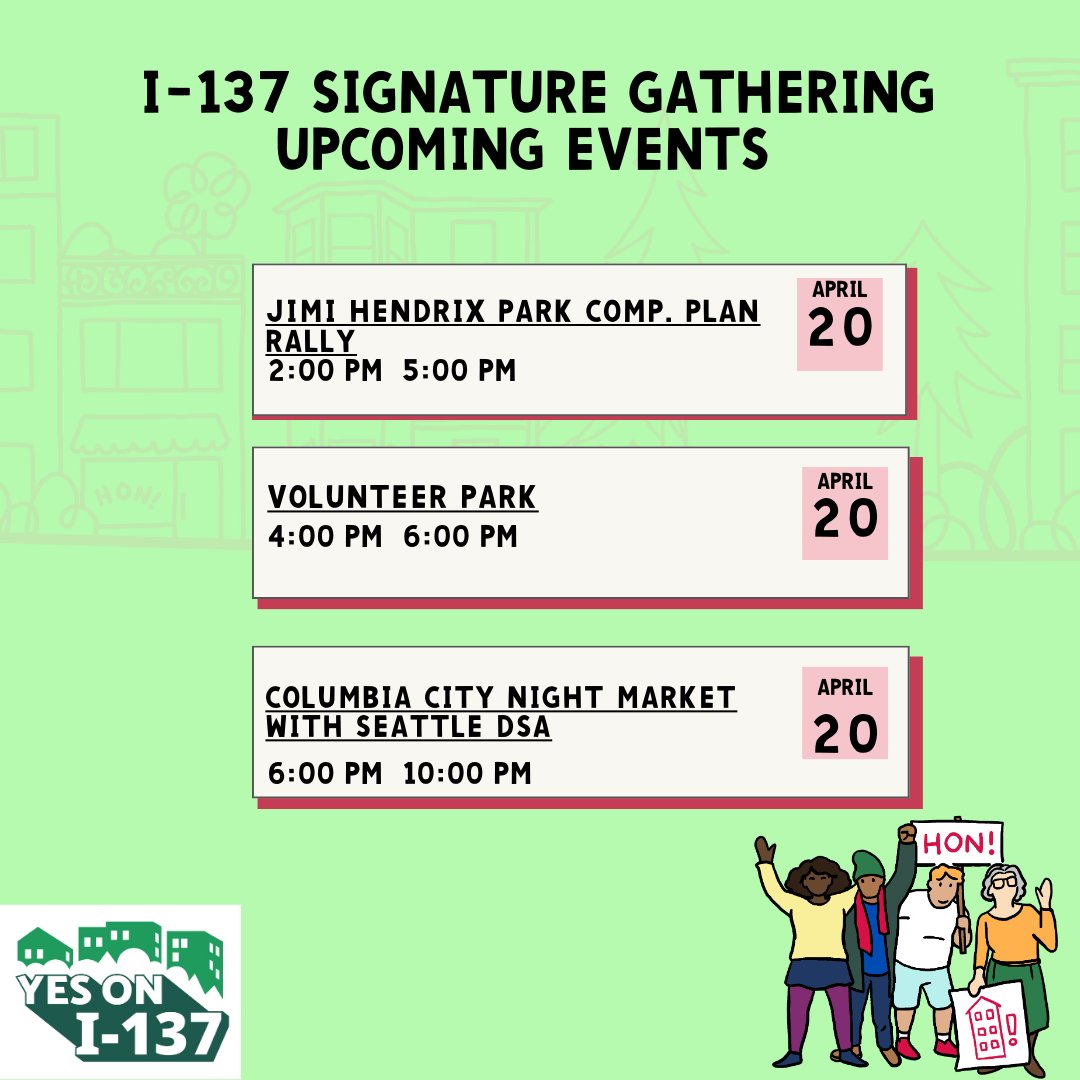 Have some free time Friday or Saturday? Join our awesome field staff and volunteers to gather signatures for I-137. Seattleites can't vote on I-137 to fund social housing if we don't have enough signatures to qualify! Sign up here letsbuildsocialhousing.org/upcomingevents