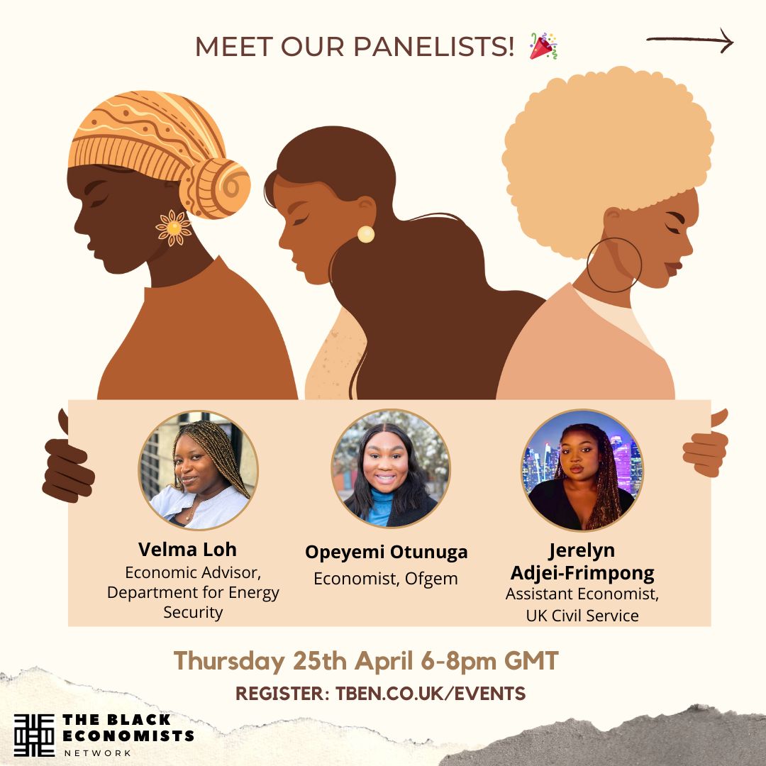 We are thrilled to announce our esteemed panellists as we celebrate Black women in economics. Expect a night of networking and fun. 🎉🌟 Thursday 25th April, all welcome! Get your free ticket now! You can sign-up here: buff.ly/4aDkWVP