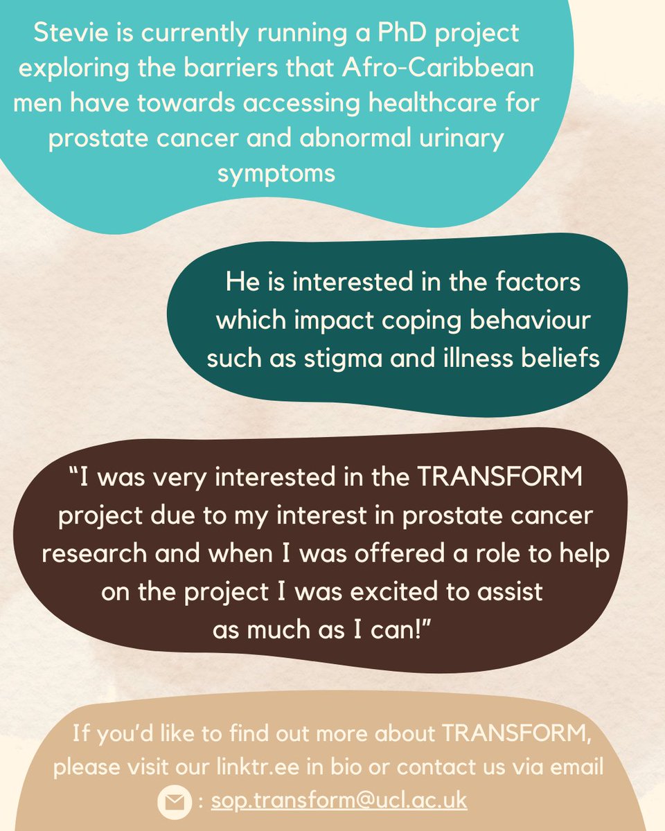 Meet Stevie! 

Stevie is a PhD student at the University of Surrey, who is assisting us with TRANSFORM by speaking to men with prostate cancer about their experiences 🗨️ 

If you want to get involved, let us know! Details below ⬇️

#prostatecancer #canceresearch #prostatecanceruk