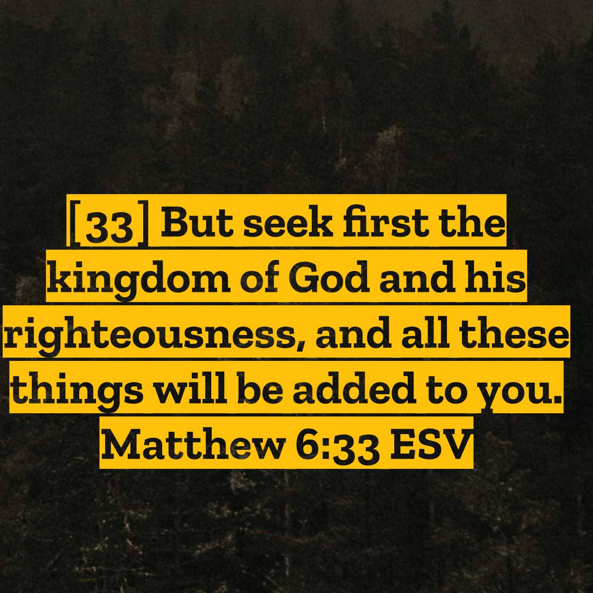 Matthew 6:33 ESV [33] But seek first the kingdom of God and his righteousness, and all these things will be added to you. bible.com/bible/59/mat.6…