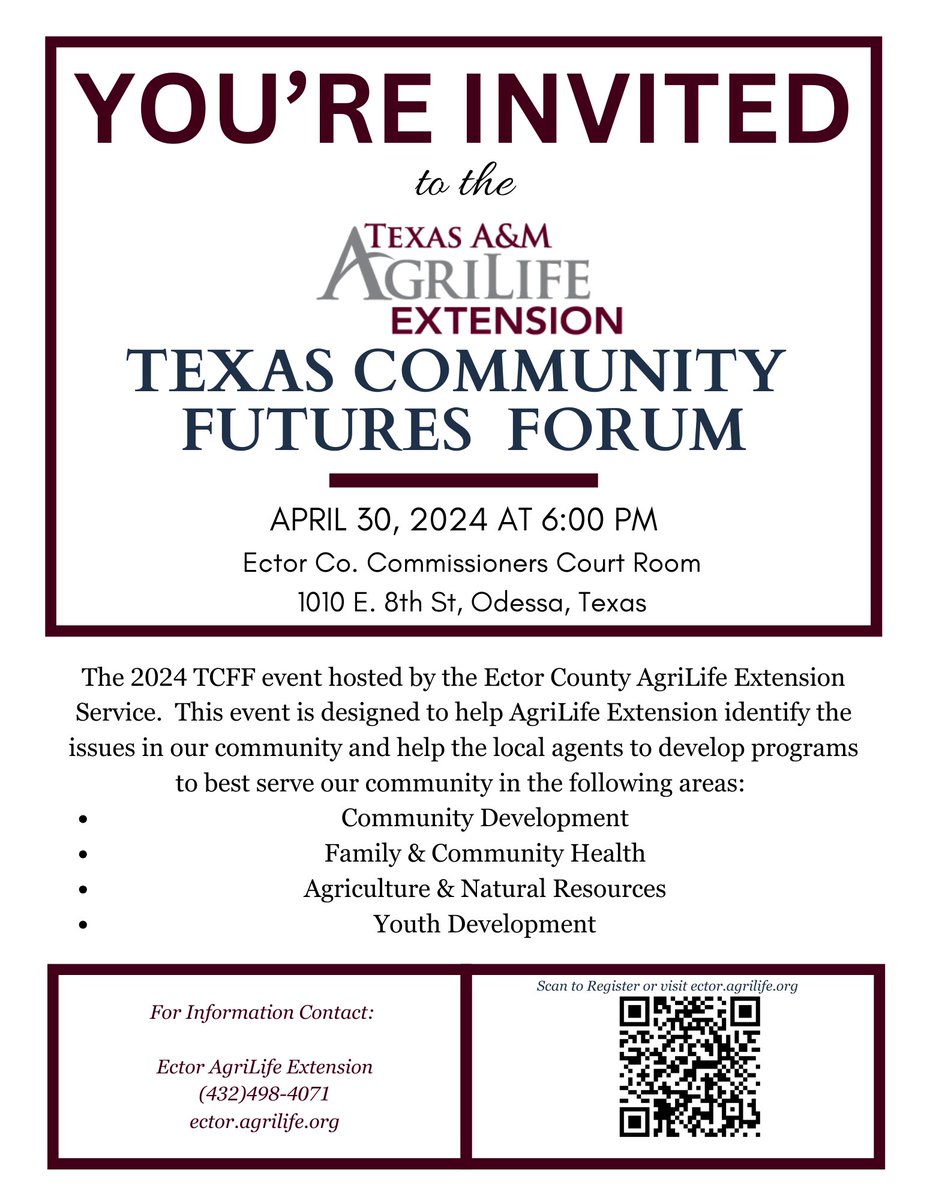 Please come and attend our Futures Forum Tuesday April 30th, 2024 6:00 PM Help identify issues related to agriculture, families and health, youth development and community development with the goal of beginning to look for solutions.
Registration: tinyurl.com/EctorTCFF2024