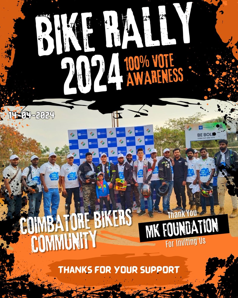 cbebikers's tweet photo. Grateful to @mkfoundationsindia for inviting us to the voter awareness rally at Nehru Stadium, Coimbatore! 14-04-2024 🇮🇳 we @cbebikers https://t.co/N912M0rZil