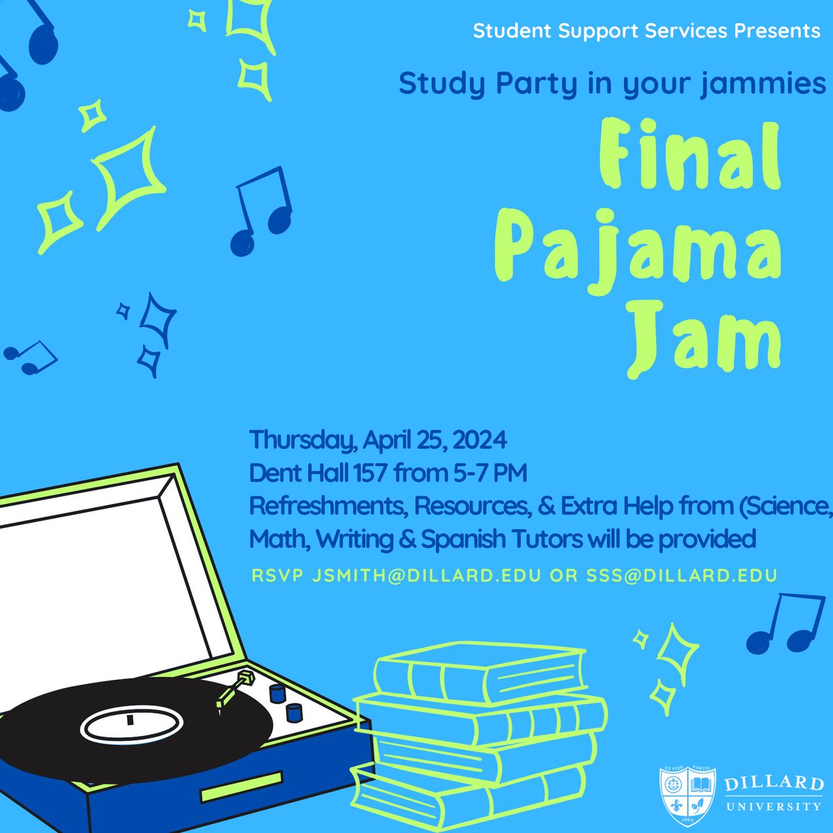 DillardStudent's tweet photo. Finals are upon us, so join us for our Final Exam Pajama Jam on Thursday, April 25, 2024 from 5-7 PM in Dent 157. We will provide you with delicious refreshments, tutoring &amp; resources to help you prep for finals. RSVP to sss@dillard to hold your spot! Happy Studying 💙🤍 https://t.co/NhazdOfkdW