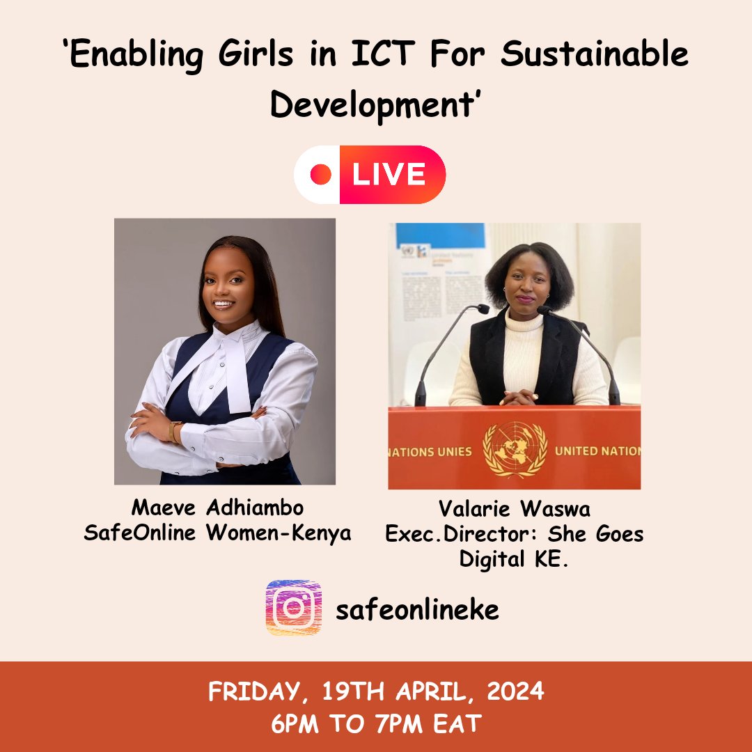 Join us live on Friday, 19th April, 2024 from 6pm - 7pm EAT as we celebrate the remarkable journey of @valarie_waswa, Exec. Director, @sgdkenya A leader and a mentor; training women and girls in Kenya, with digital literacy skills to solve unemployment. @ITU #GirlsinICT