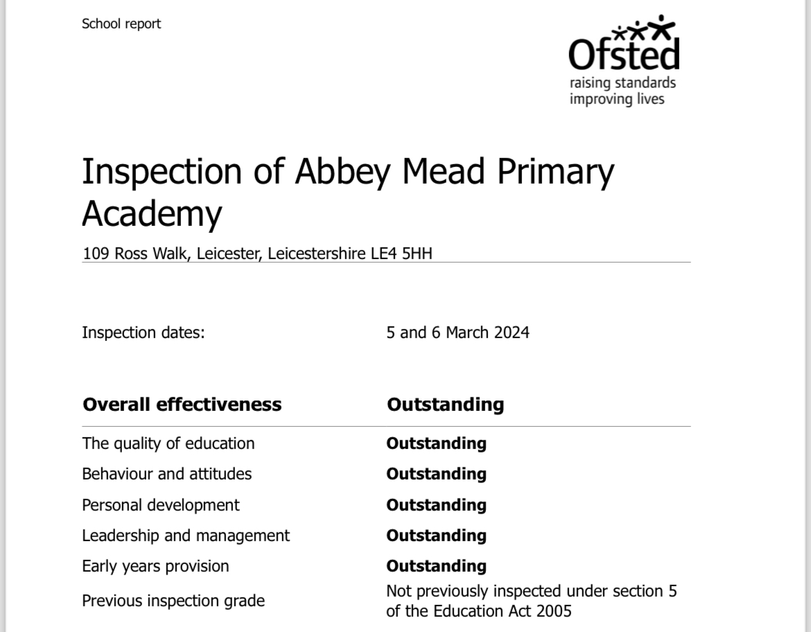 It is with great pride that we are now able to share the incredible achievements of our pupils, staff and community that were captured within our most recent OFSTED inspection. The report truly reflects life at Abbey Mead🤩 The full report can be read at: files.ofsted.gov.uk/v1/file/502443…