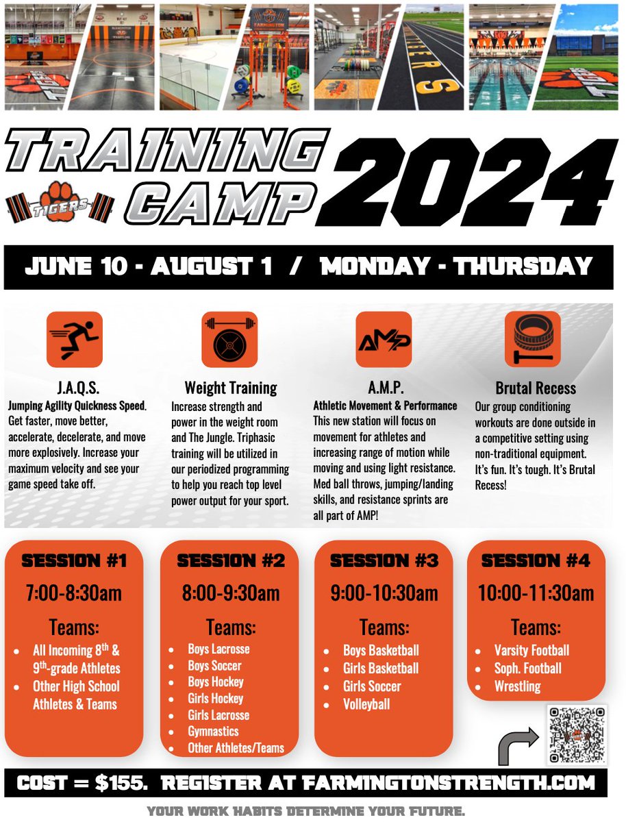 Registration is now open for Training Camp 2024! JAQS, Lifting, AMP, and Brutal Recess!! We're doing it all!!! farmingtonstrength.com/2022/04/07/tra… #YourWorkHabitsDetermineYourFuture #StackBoulders 🐅💪⚡️