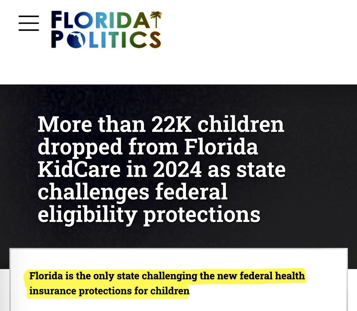 The “pro-life” DeSantis administration is spending our taxpayer dollars to pay for their lawsuit which seeks to disqualify needy Florida children from health insurance coverage. Meanwhile our state sits on a $11 BILLION budget surplus.