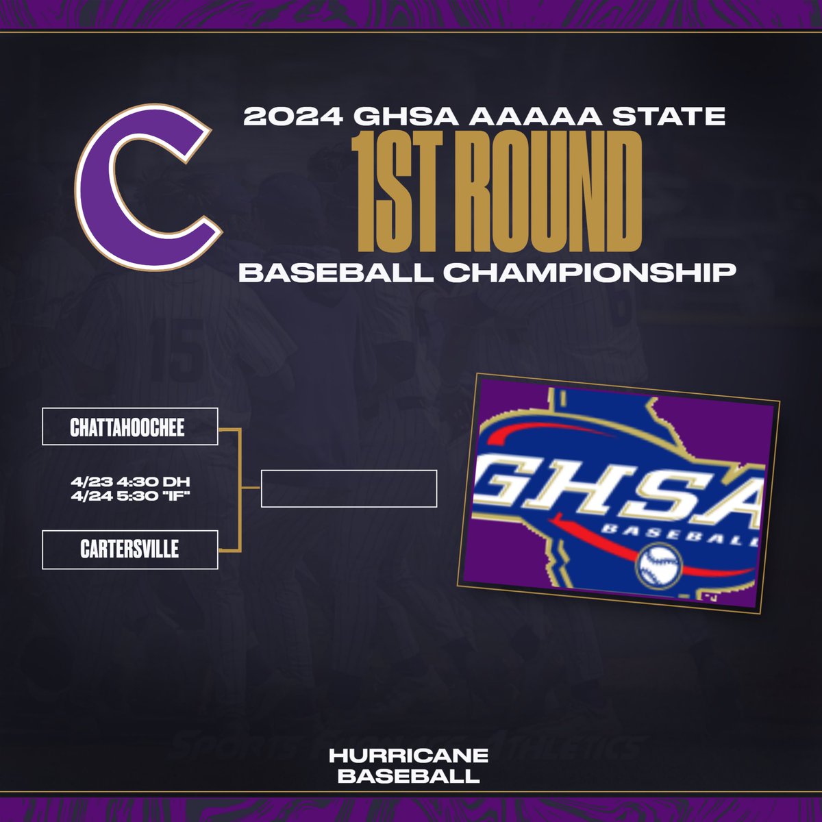 Cartersville will host Chattahoochee in the 1st Round of the GHSA AAAAA State Baseball Championship Tuesday, April 23 in a DH beginning at 4:30PM. The “If” Game is scheduled for Wednesday, April 24 at 5:30PM.