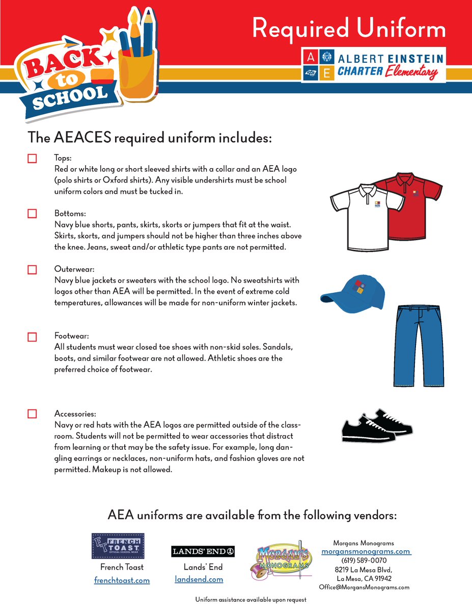 Have you reviewed our dress code lately? Take a quick look and reach out with any questions you may have.

Let's work together to ensure our students are dressed for success: aeacs.org/required-unifo…

#DressCodeReminder #SchoolPolicy #AlbertEinsteinAcademy