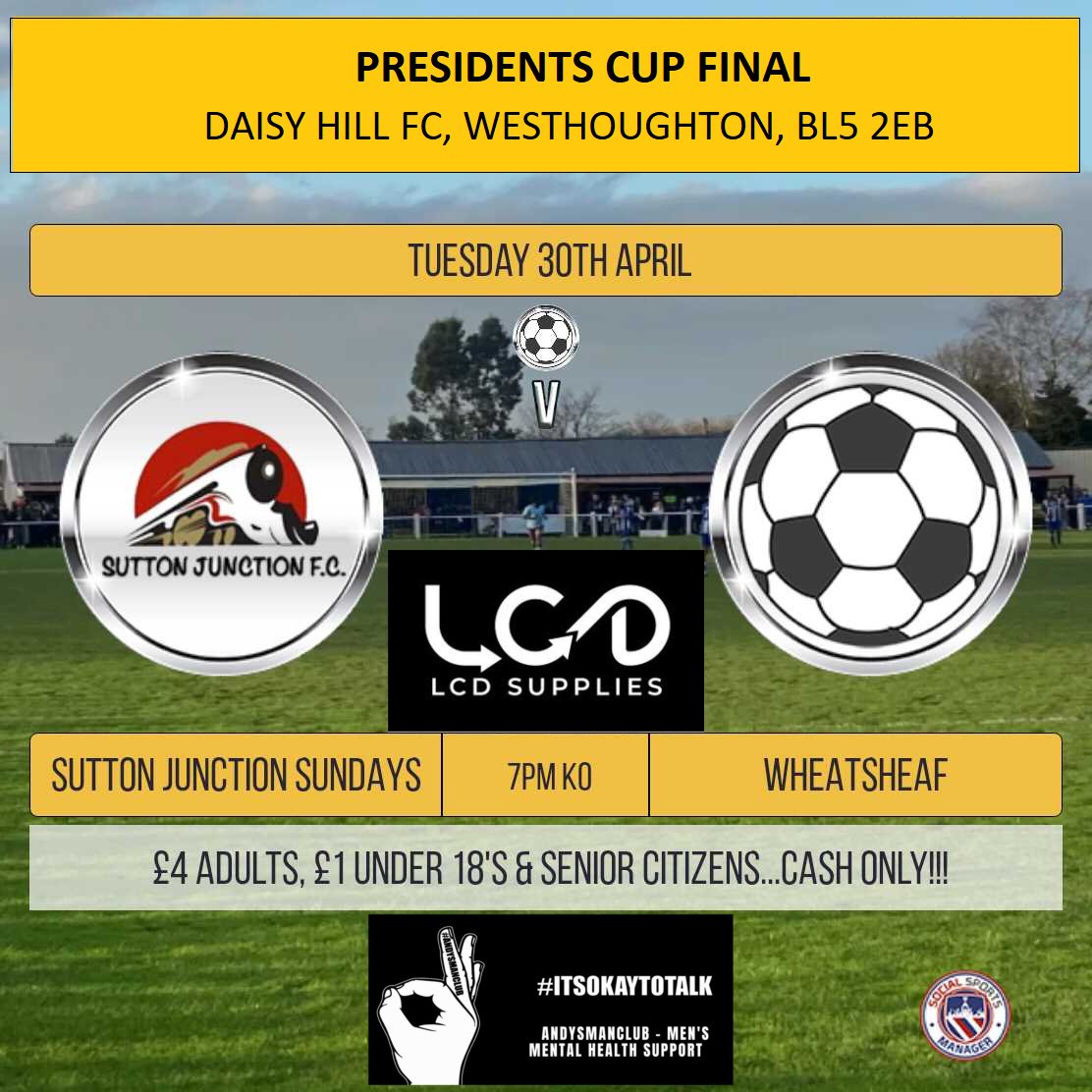 We're in the SLCFL Presidents Cup Final!! 🏆 And it's a local derby, against Wheatsheaf FC (previously Windle) ⚽️⚽️⚽️ Looking forward to this!! ❤️💛