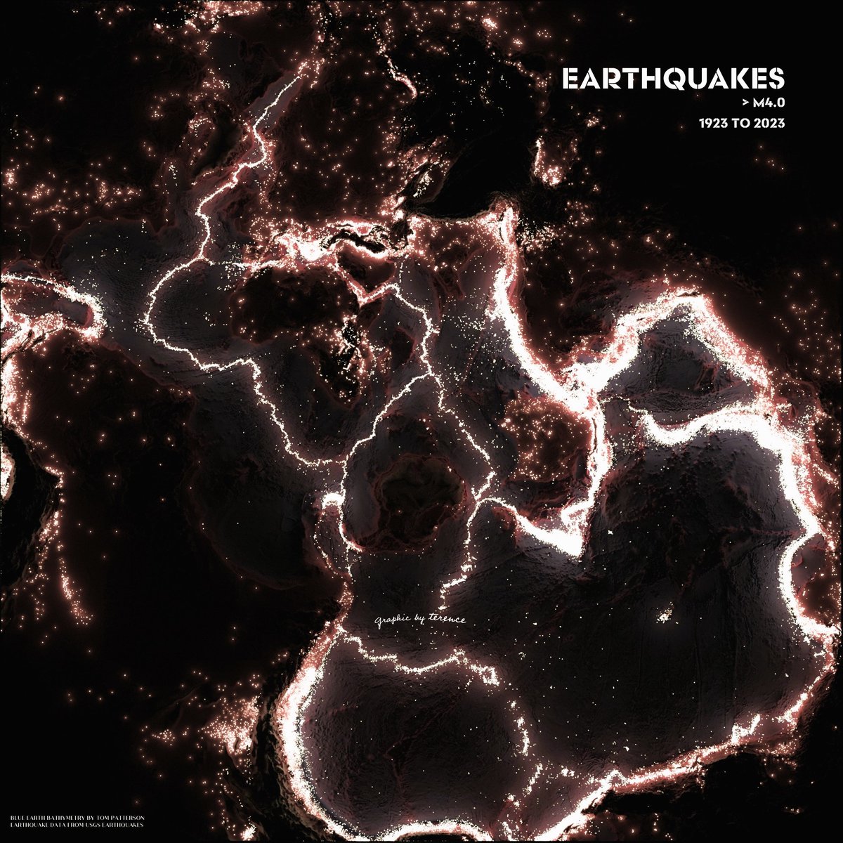 Can't seem to stop so here's earthquakes (> M4.0) of the world, 1923 to 2023. I like how we can see the plates and active fault lines in a compact way.

Have a couple more before I move on so bear with me. 😅

#rayshader adventures, an #rstats tale