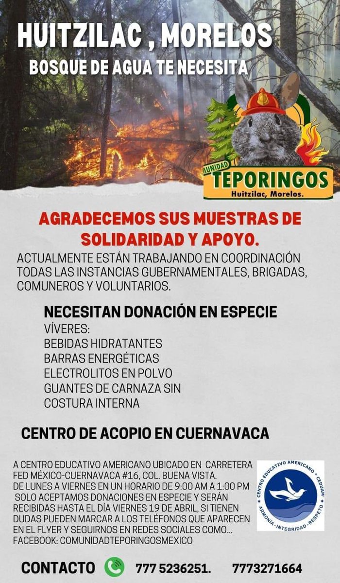 ¡Atención! 🚨 Debido a los incendios en la zona de Huitzilac, Morelos, invitamos a apoyar a las autoridades y comunidad que se encuentran trabajando. Si puedes, realiza una donación de los siguientes artículos: 👇