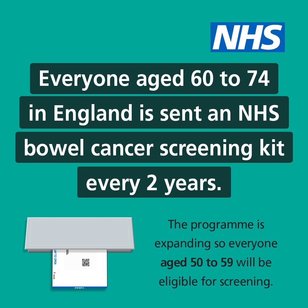 The NHS bowel cancer screening kit can detect signs of cancer before you notice anything is wrong.

The kit is automatically posted to everyone aged 60 to 74. The programme is expanding to include those aged 50 to 59 by 2025.

nhs.uk/bowel-screening

#BowelCancerAwarenessMonth