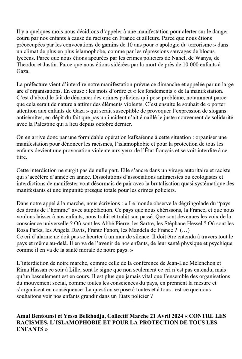 INTERDICTION DE LA MARCHE « RACISMES EN FRANCE : NOS ENFANTS EN DANGER ! » : OÙ S’ARRÊTERA LE VIRAGE AUTORITAIRE ? Référé en cours. Non à l'interdiction de la marche contre les racismes, l'islamophobie et pour la protection des enfants. Faites tourner ! ✊🏽