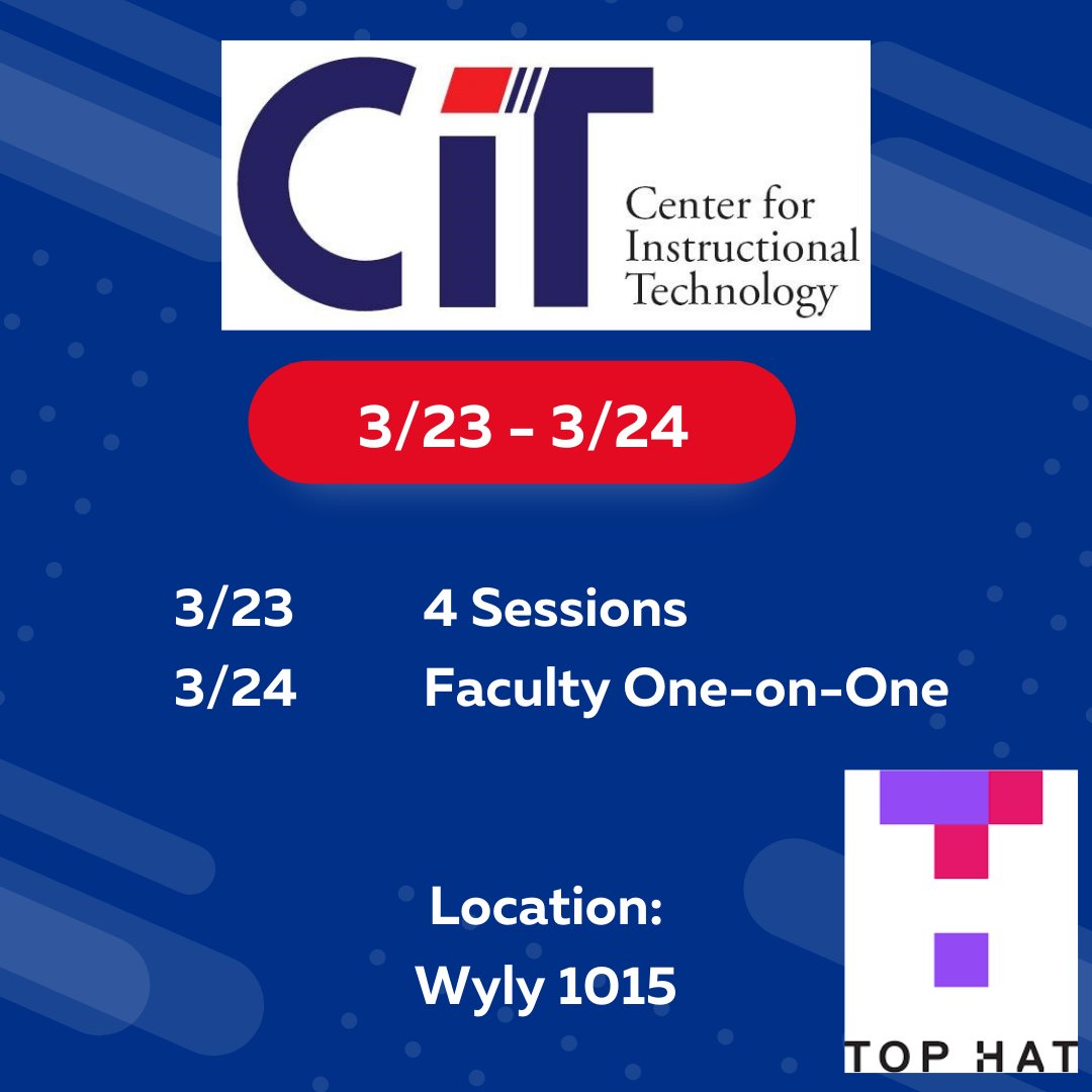 The Center for Instructional Technology is excited to welcome @TopHat to our campus next week! On 3/23, we will hold four sessions throughout the day, and on 3/24, we will offer one-on-one faculty meetings. Please email cit@latech.edu to sign up!