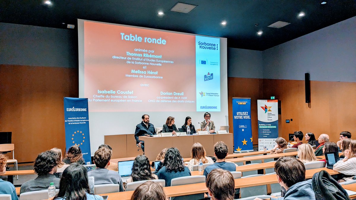 Le Président Daniel Mouchard a lancé la conférence « Penser l'Europe à l'heure des élections européennes » avec @isabelleCoustet cheffe du bureau de liaison de @Europarl_FR, @DDreuil co-président @avote_ong, Prof. @thomasribemont et Mélissa Hérot ( association @eurosorbonne )