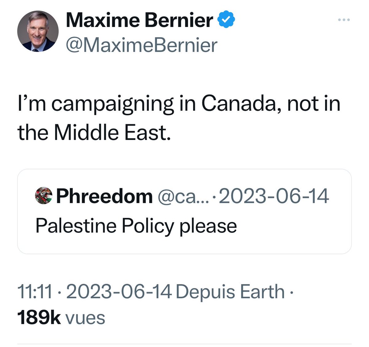 MaximeBernier's tweet photo. My stance on the conflict in the Middle East in two tweets, one from last year and another from this week.

I also think Canada should not get involved in the war in Ukraine, the civil war in Soudan, and the dozens of other conflicts in the world that don’t directly concern us. https://t.co/SNxg3uP26k