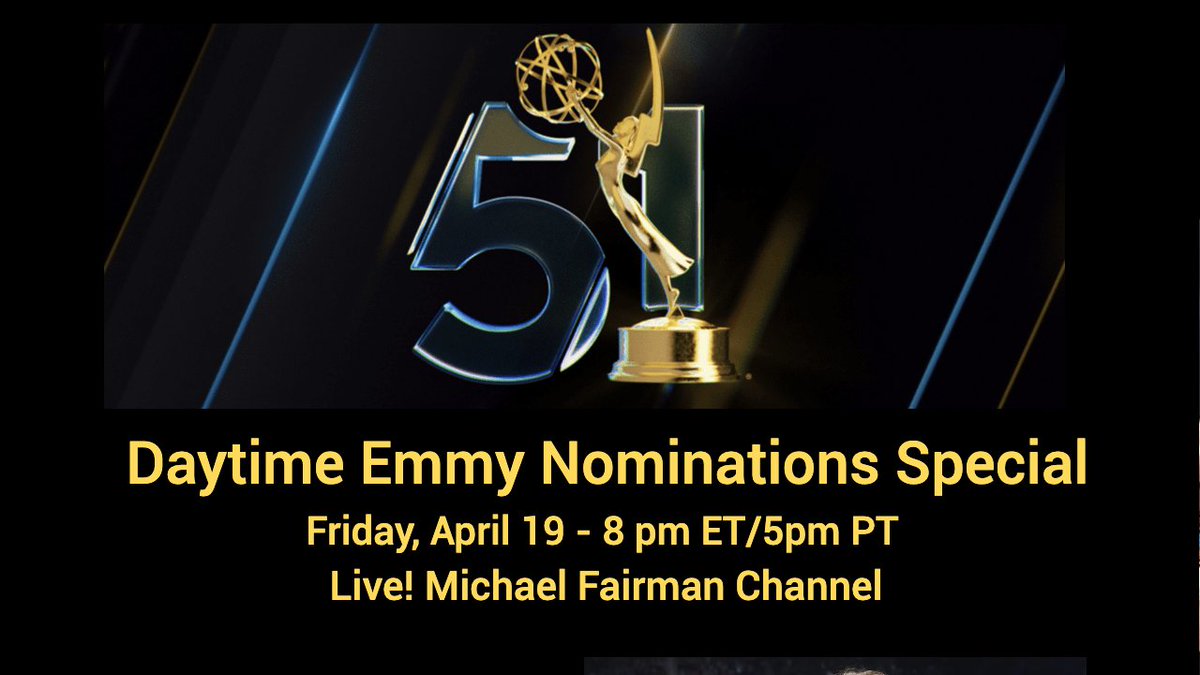 FRIDAY NIGHT: Join me and some of the just revealed nominees who will be going for gold during my 10th annual @DaytimeEmmy Nominations Special live on @YouTube #MichaelFairmanChannel beginning at 8pm ET/5pm PT. More updates to come! bit.ly/4d5Mch5