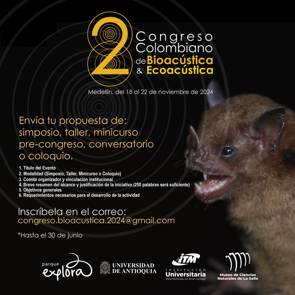 Comienza a enviar tus propuestas para el <a href="/2ccbe2024/">2 Congreso Colombiano de Bioacústica y Ecoacústica</a>