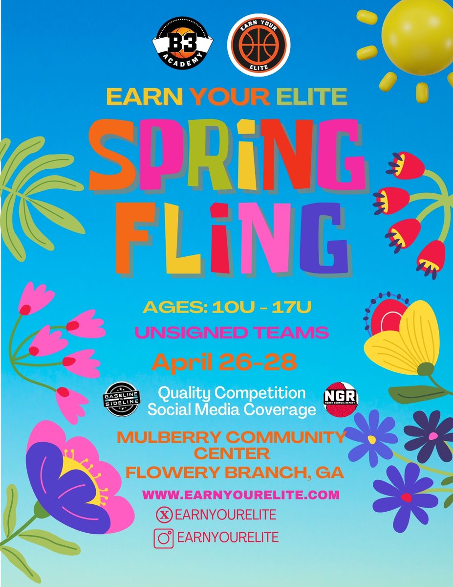 Make sure to experience #SpringFling with @B3Academy x @earnyourelite
🗓️ April 26-28
📍 Mulberry Community Center, Flowery Branch
🏀 Boys & Girls
📸 Social Media coverage w/ @northgareport 
🔒 Good Competition
🔗 rb.gy/e89nit