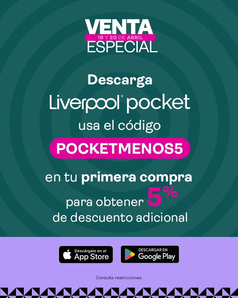 Esta Venta Especial, compra fácil, rápido y seguro. 👌📲 Descarga Liverpool Pocket, usa el código: POCKETMENOS5 y obtén 5% de descuento adicional en tu primer compra 👉😍🙌 liverpool.onelink.me/GNnO/8c6w1qdt #TodoenLiverpool #EsParteDeMiVida