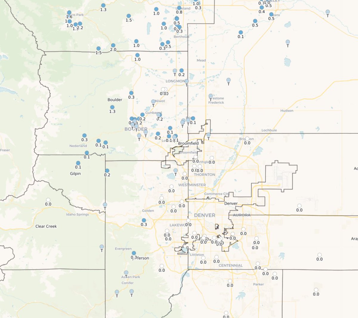 ❄️📊 Overnight snow totals were MASSIVE across the Front Range. Parts of north Boulder got buried by a dusting of wet snow on the grass, while Estes Park residents will be spending a good chunk of the day digging out from 1 to 2 inches! #COWx