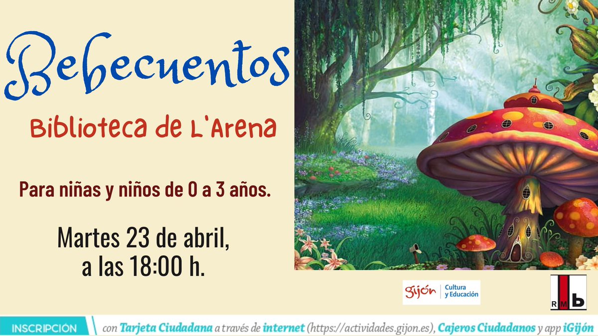 El #martes 23 de #abril , a las 6 de la tarde, #Bebecuentos en la #biblioteca #pachindemelas de #laarena . #Lectura 📖 para los más peques, acompañados de una persona adulta. #bibliotecasdegijon #actividadeseducativas #actividadesinfantiles #cuentos @RMBGijonXixon @Culturagijon