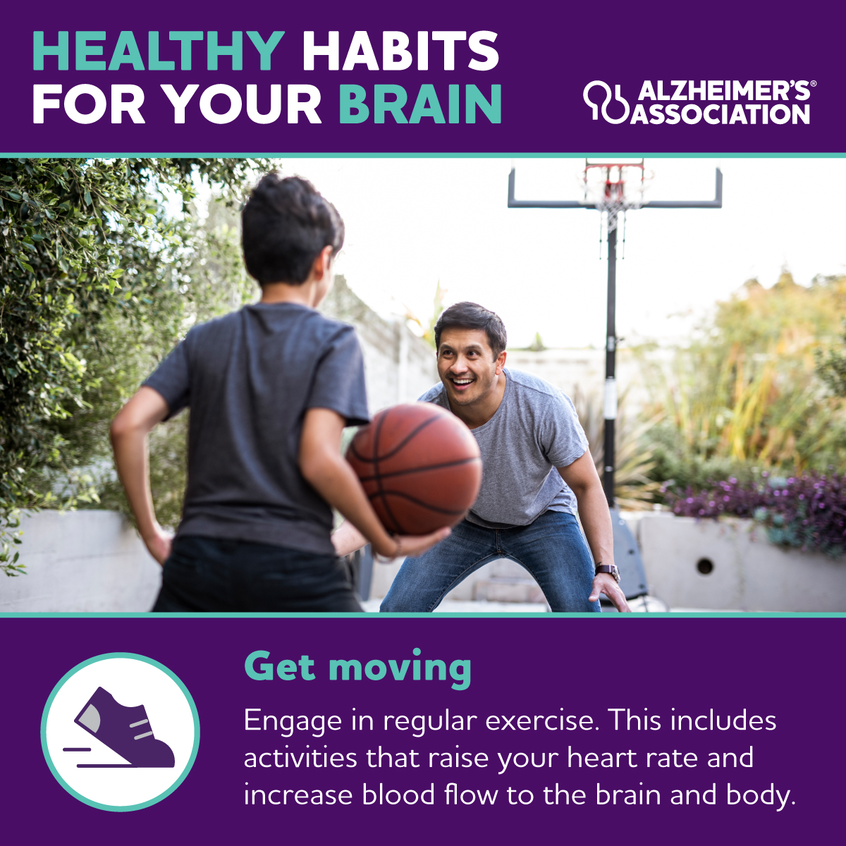 ALZGEO's tweet photo. Did you know that engaging in regular exercise is important for your brain health? In honor of #NationalExerciseDay, commit to building more movement into your day in a way that works best for you! 👟 Get more healthy habits for your brain at https://t.co/uWLr0G7rhg. #ENDALZ https://t.co/plFF9iT8h2