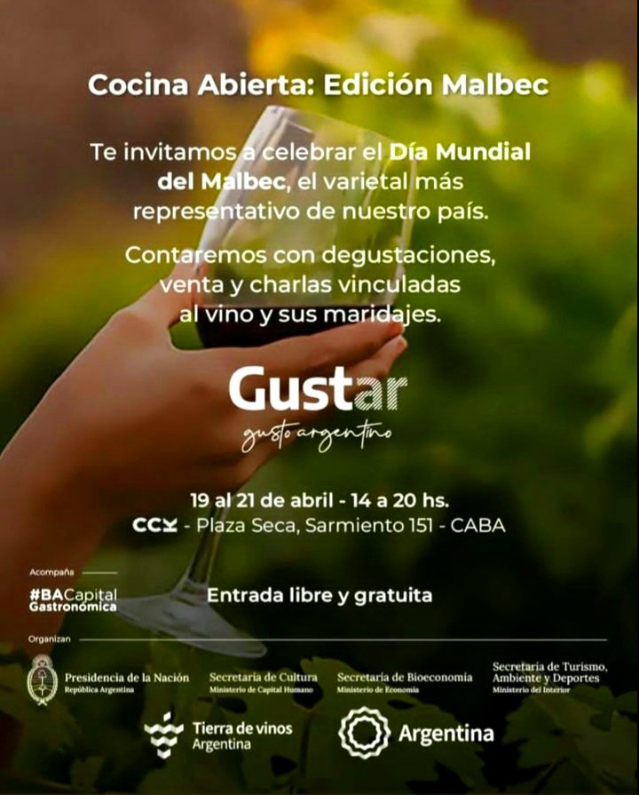 ‼Más eventos y actividades por el #DíaMundialdelMalbec‼
🍷 #Degustaciones, ventas y charlas relacionadas con el #malbec y su #maridaje, con entrada libre y gratuita.
📍Sarmiento 151, Plaza Seca, Ciudad de Buenos Aires
📆 19 al 21 de abril
⏰ 14 a 20 hs