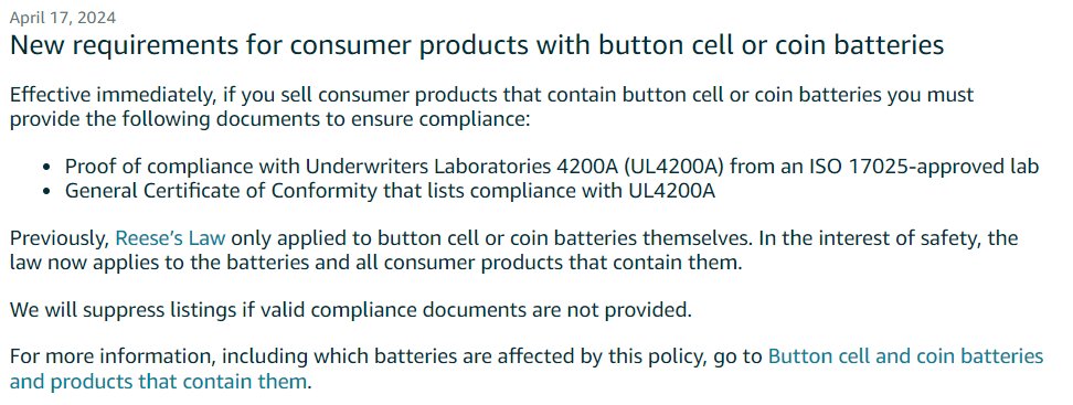 Check your compliance requests. New button cell battery requirements hitting hard.