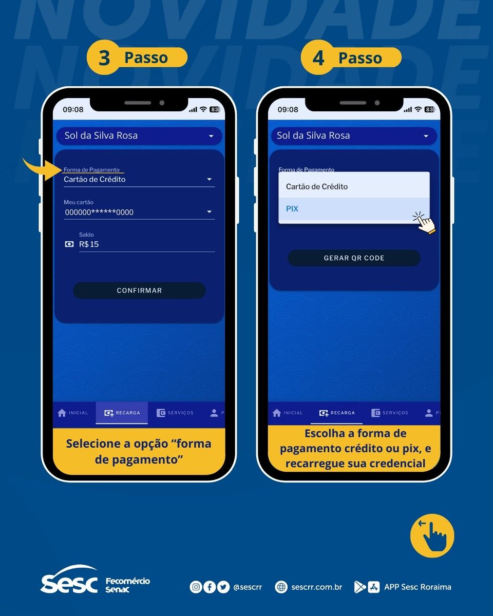 🗣️Olá, Cliente Sesc!

👉 Confira o passo a passo de como fazer o pagamento das atividades e a recarga da Credencial  por Pix no nosso app.

O 𝐒𝐞𝐬𝐜 𝐑𝐨𝐫𝐚𝐢𝐦𝐚 sempre evoluindo para você!

#SescRoraima #CredencialSesc #Pix