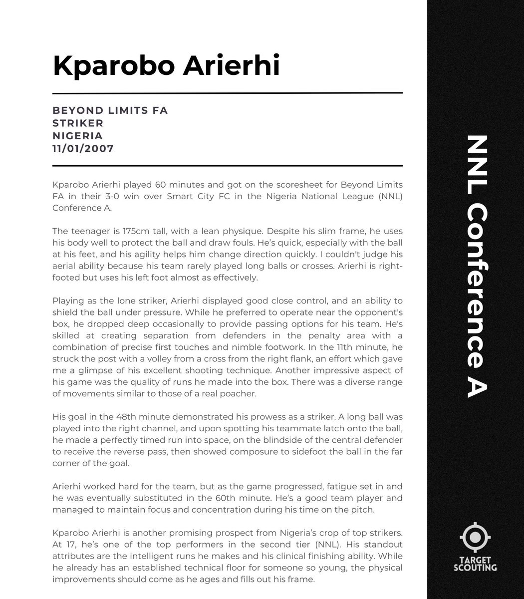 Kparobo Arierhi (ST, '07, 🇳🇬) played 60 minutes for Beyond Limits FA in their 3-0 win against Smart City FC in the Nigeria National League Conference A. Read @Samdoe22's thoughts here 👇