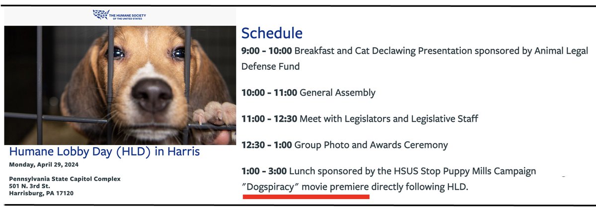 Sneak preview of the (almost complete) documentary 'Dogspiracy' at the @HumanePA Lobby Day on April 29 @HumaneSociety