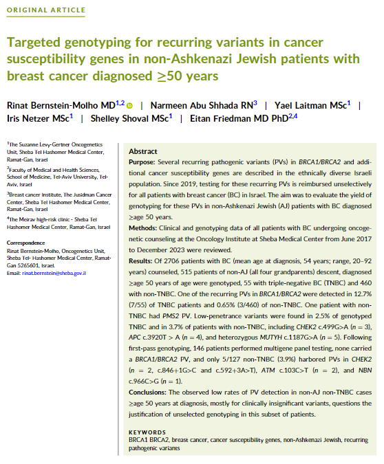 New from @TelAvivUni and @sheba_medical investigators | Targeted genotyping for recurring variants in cancer susceptibility genes in non-Ashkenazi Jewish patients with breast cancer diagnosed ≥50 years acsjournals.onlinelibrary.wiley.com/doi/full/10.10… @OncoAlert @oreganruth