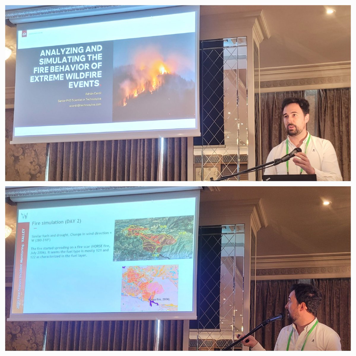 quecoak's tweet image. @AdrianCardil de @tecnosylva presentando en #FBF2024 el impacto de los fenomenos de pyroconvección en la simulación del comportamiento del fuego con Wildfire Analyst®, y como están trabajando con el simulador para mejorar cuando se producen estos fenomenos en el incendio.