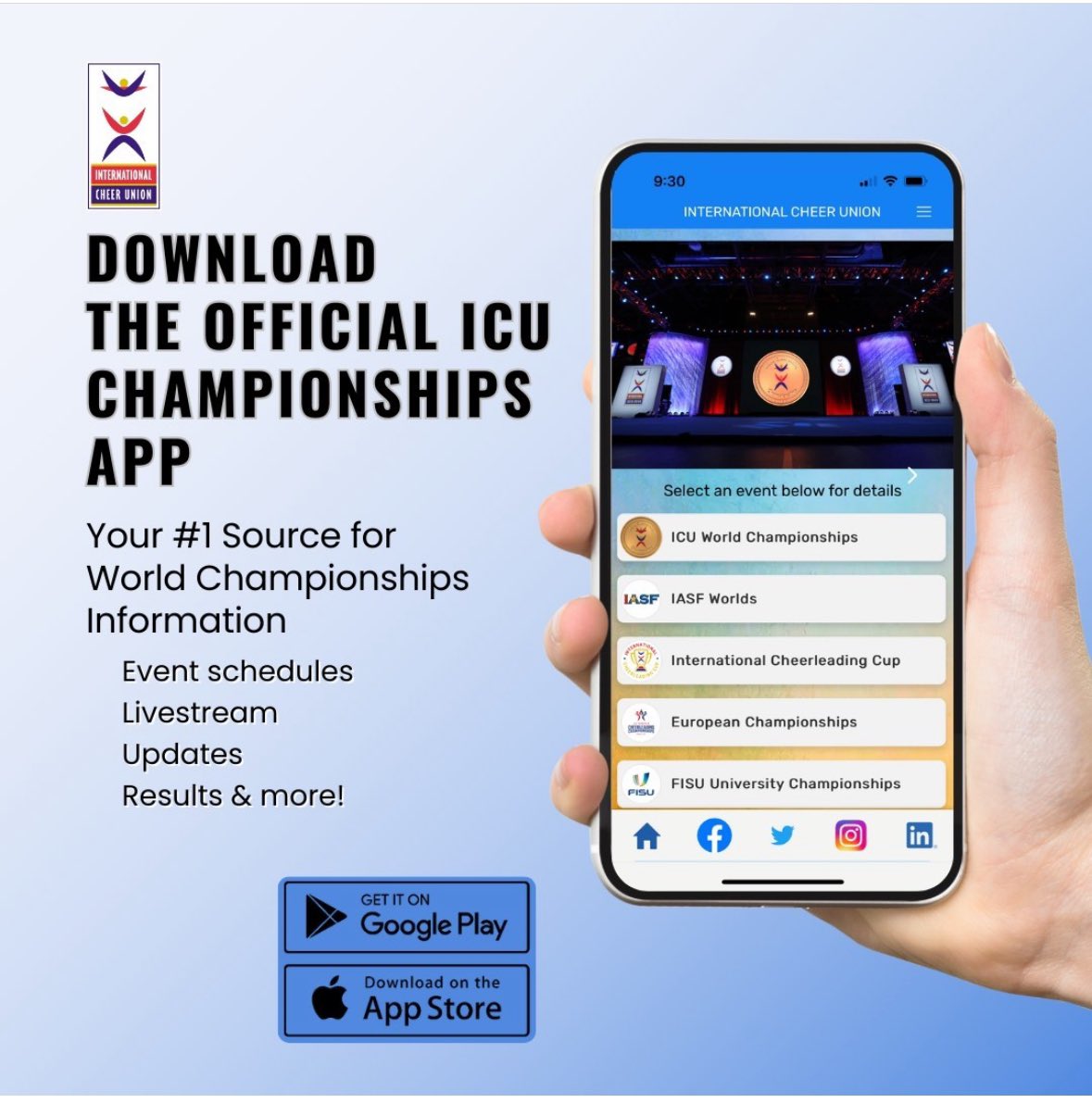 ICUcheer's tweet photo. 6️⃣ day until the 2024 ICU Junior World & World Cheerleading Championships!
Be sure you have the ICU app downloaded on your phone 📲
Available for iOS and Android devices
#icucheer #cheerleading #performancecheer #ICUWorlds2024 https://t.co/YqKLFX2TNB
