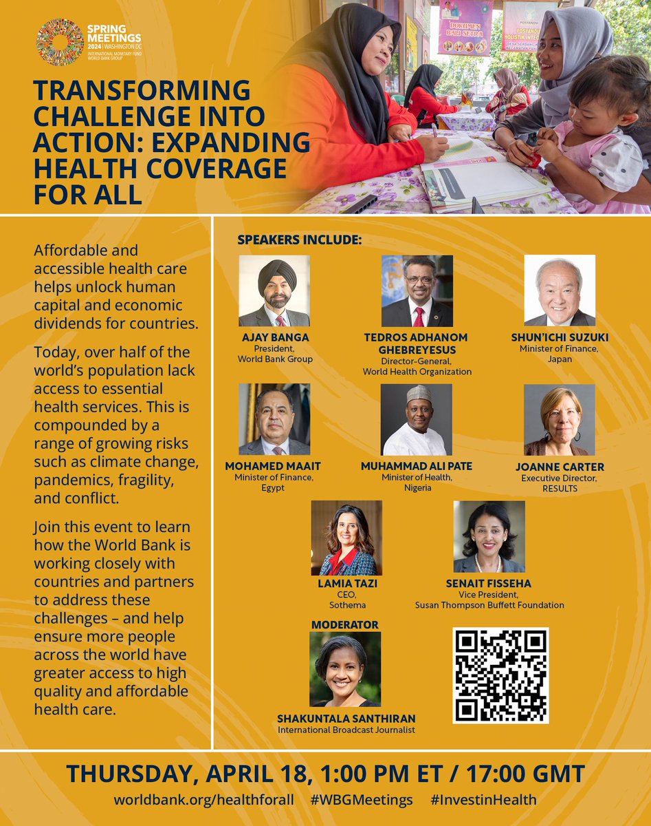 Starting Soon: Join our #WBGMeetings event to discuss how we can accelerate progress towards Universal Health Coverage by 2030. Join the conversation with @WorldBank President, @DrTedros, @muhammadpate, @DrSenait, @MOF_Japan and others at 1 pm ET. wrld.bg/CoG850R6qu7